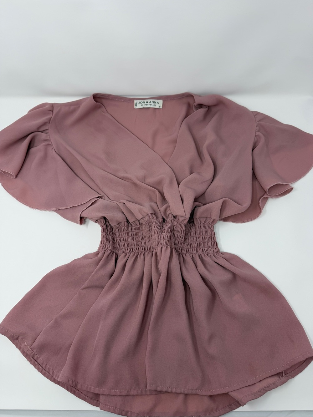 Jon & Anna Cottage core Mauve Pink Smocked Waist Flutter Sleeve Top